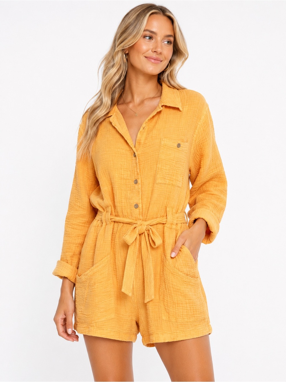 Davi & Dani Size Medium Yellow Acidwash Gauze Button-Front Romper with Tie Waist